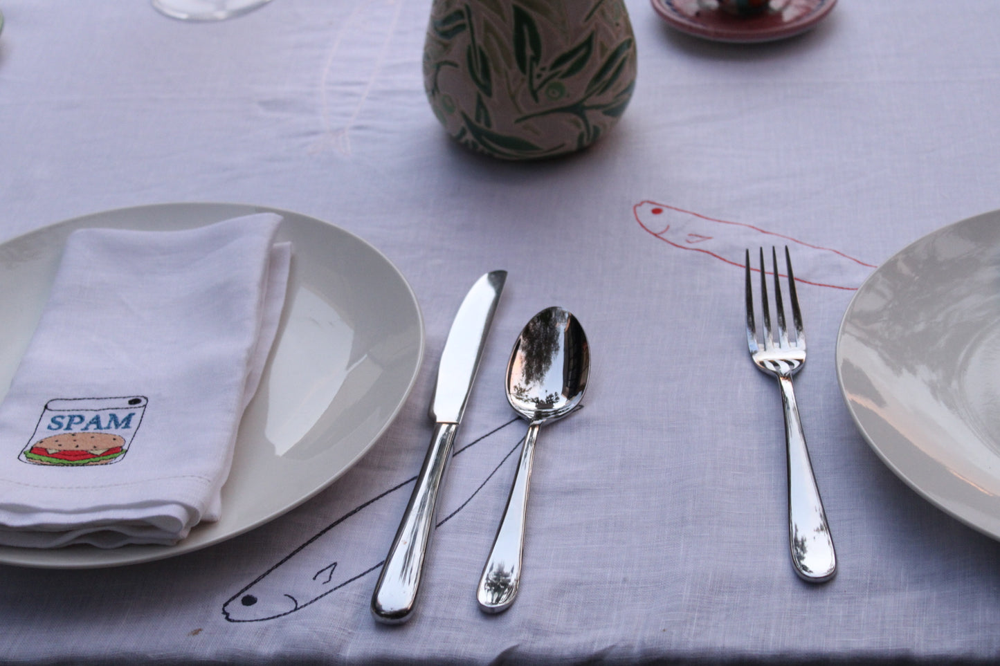 Embroidered 100% Linen Tablecloth - Sardines Without Hats