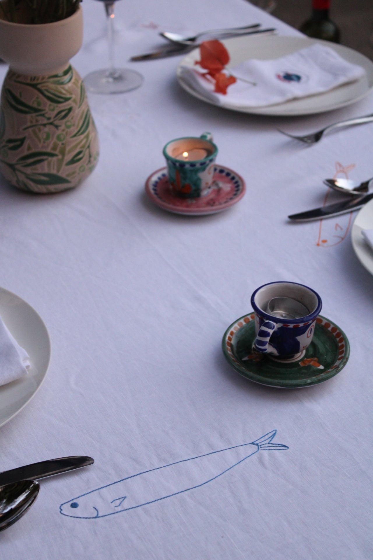 Embroidered 100% Linen Tablecloth - Sardines Without Hats
