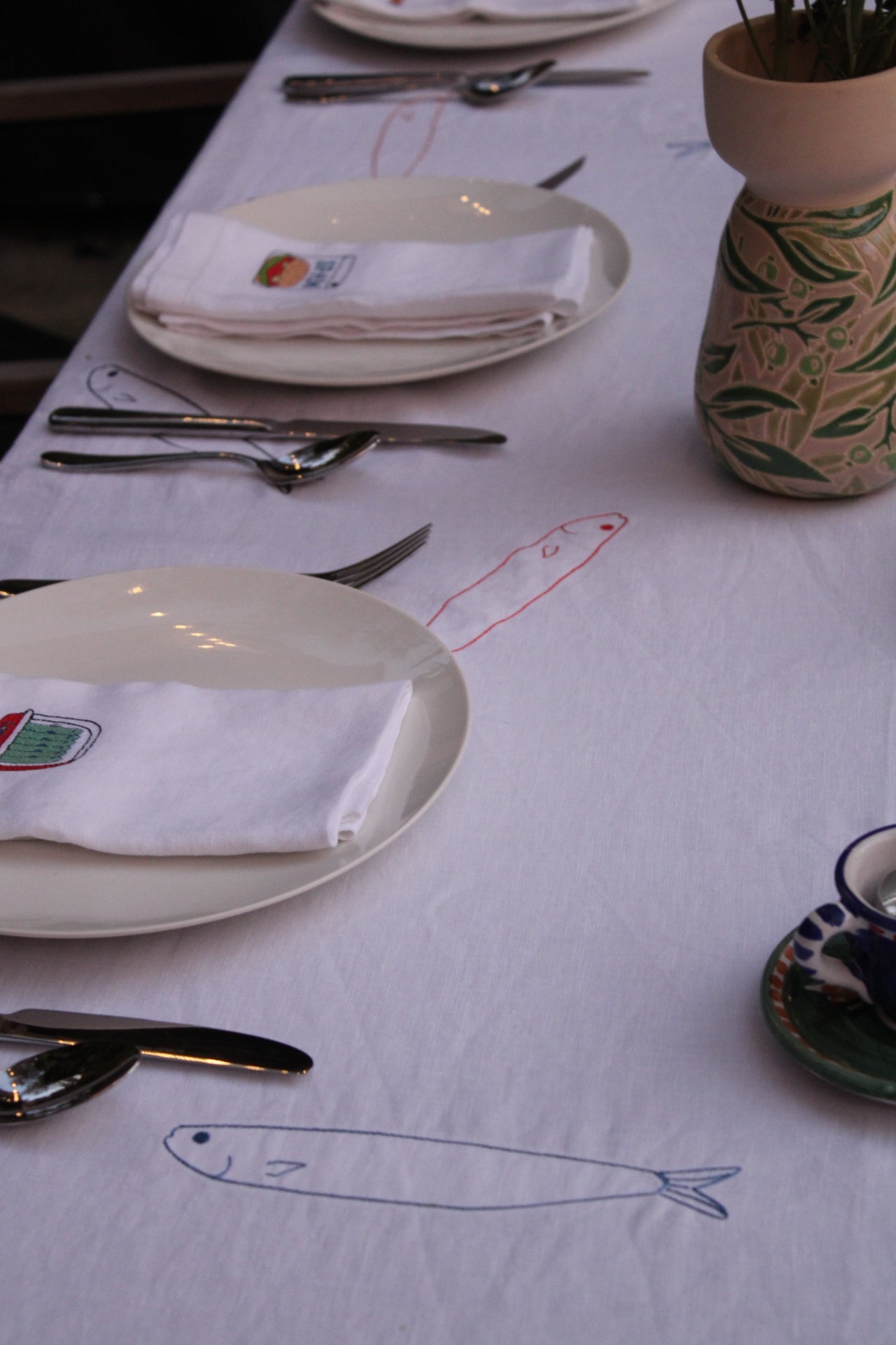 Embroidered 100% Linen Tablecloth - Sardines Without Hats