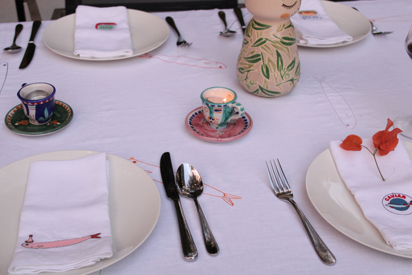 Embroidered 100% Linen Tablecloth - Sardines Without Hats