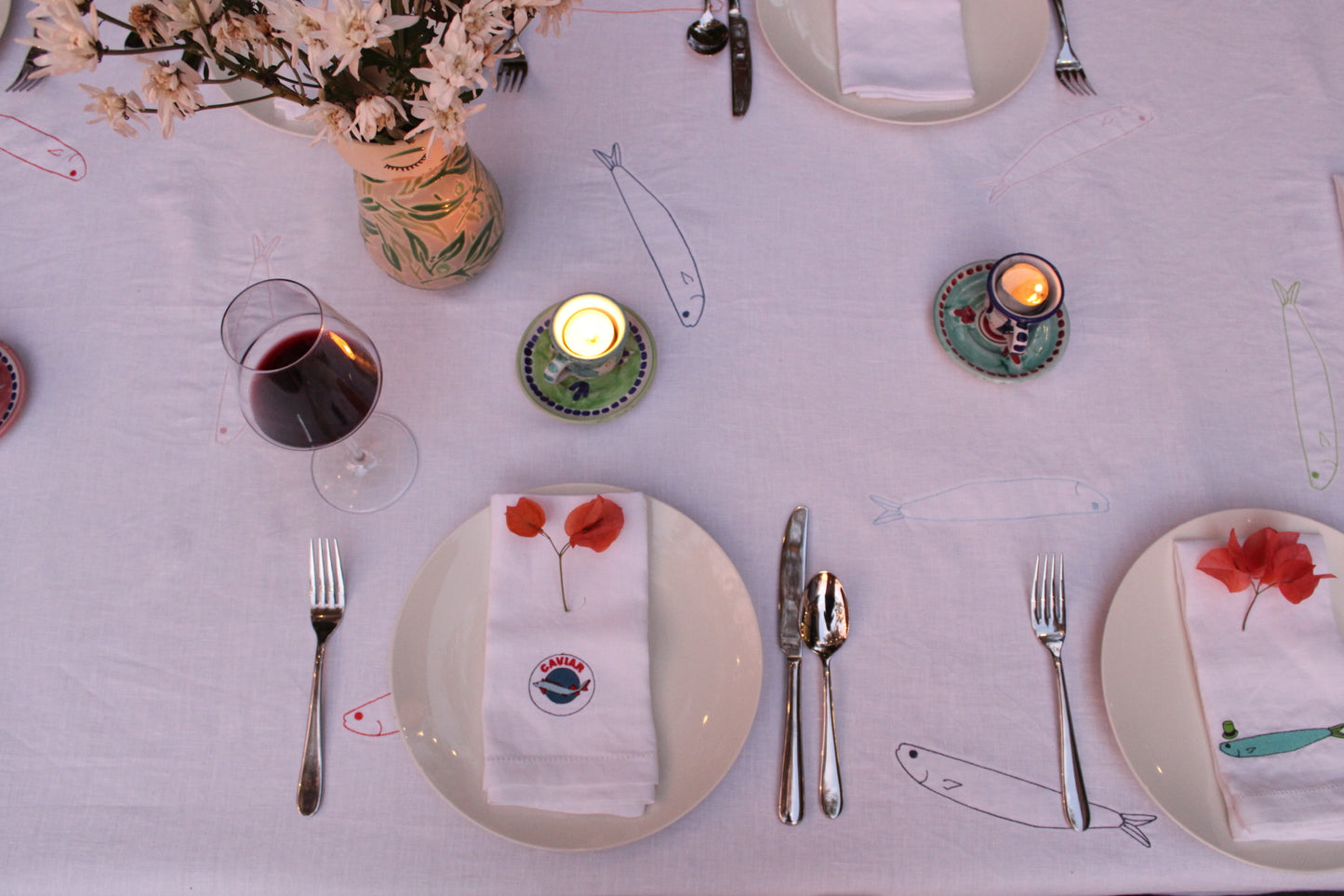 Embroidered 100% Linen Tablecloth - Sardines Without Hats