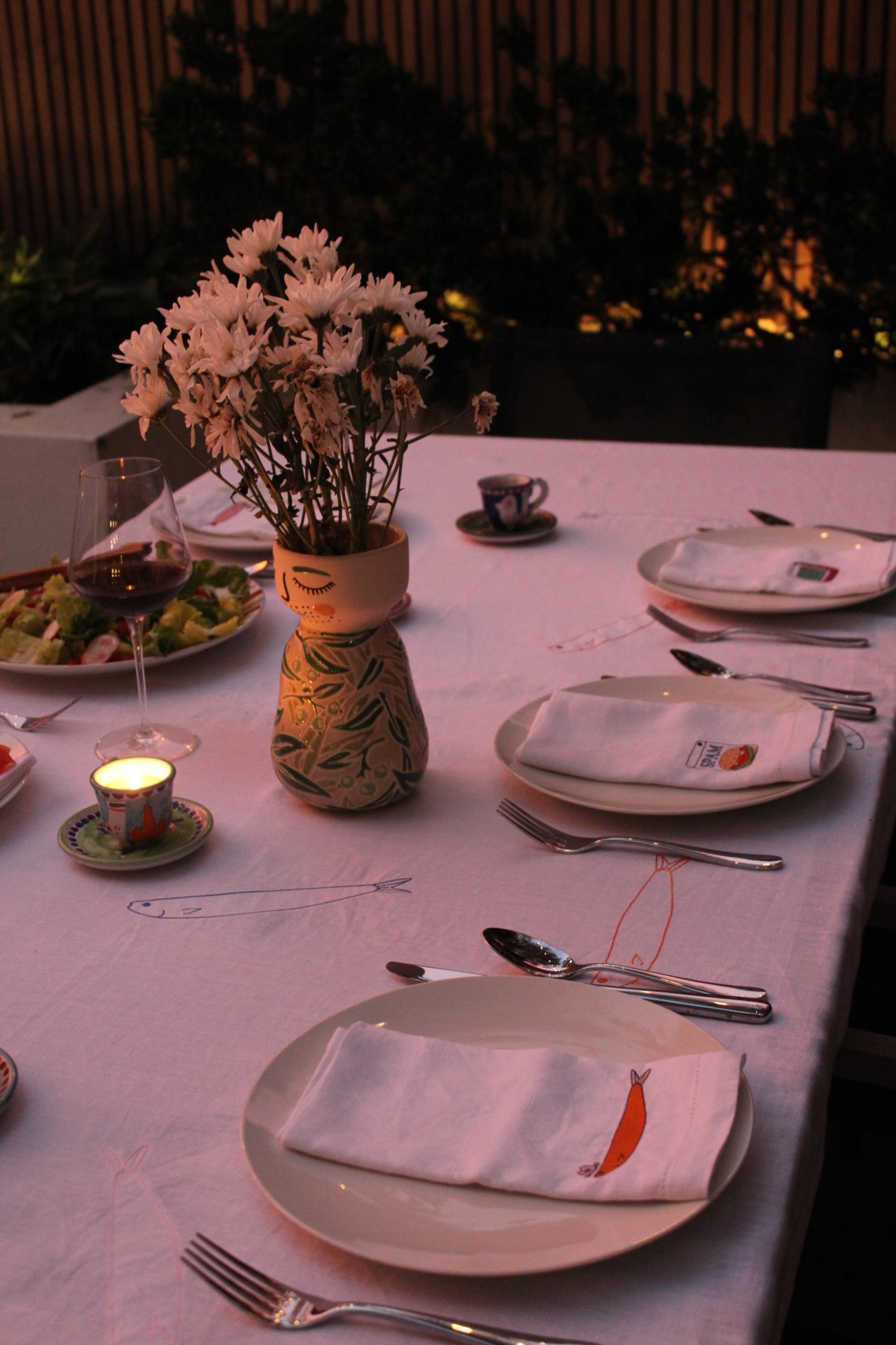 Embroidered 100% Linen Tablecloth - Sardines Without Hats