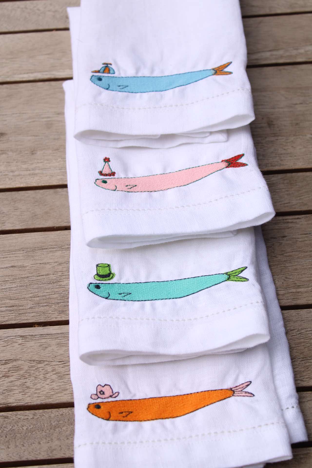Sardines with Hats - Embroidered 100% Linen Hemstitch Napkins (Set of 4)