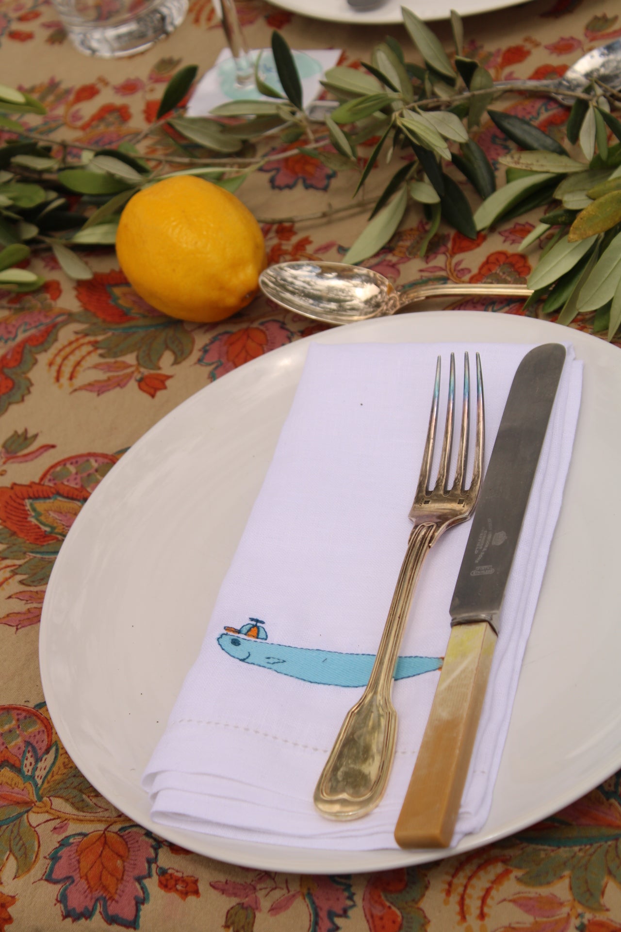 Sardines with Hats - Embroidered 100% Linen Hemstitch Napkins (Set of 4)