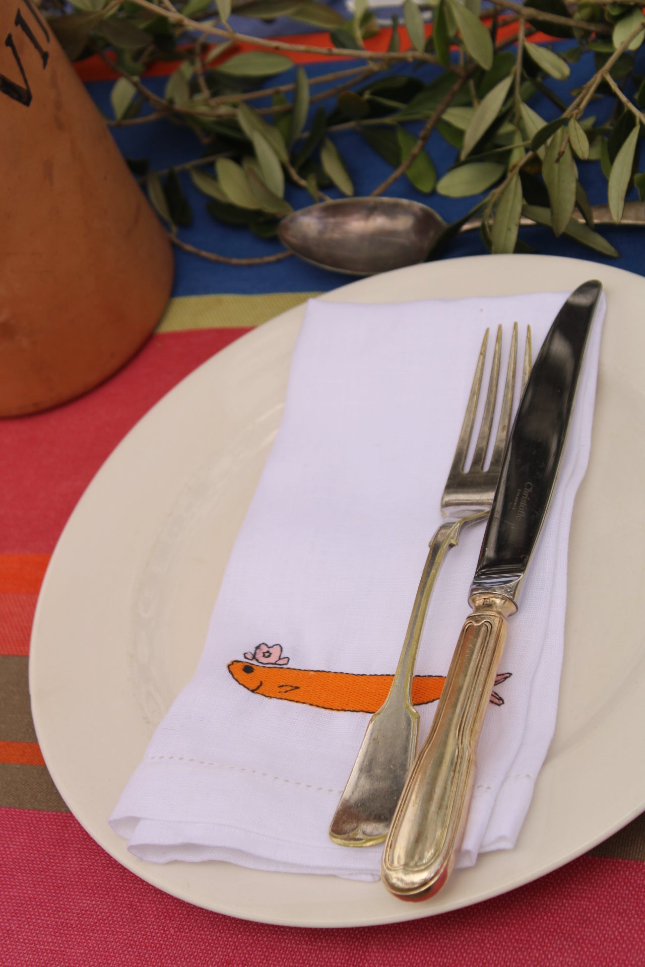 Sardines with Hats - Embroidered 100% Linen Hemstitch Napkins (Set of 4)
