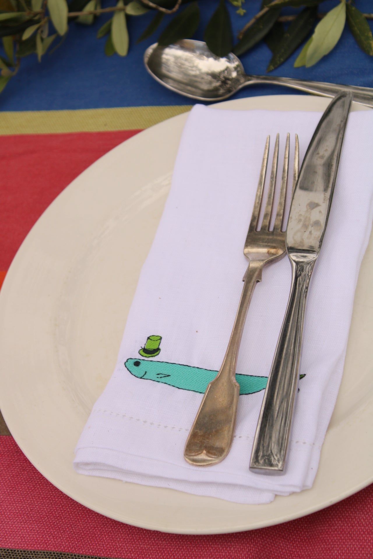 Sardines with Hats - Embroidered 100% Linen Hemstitch Napkins (Set of 4)