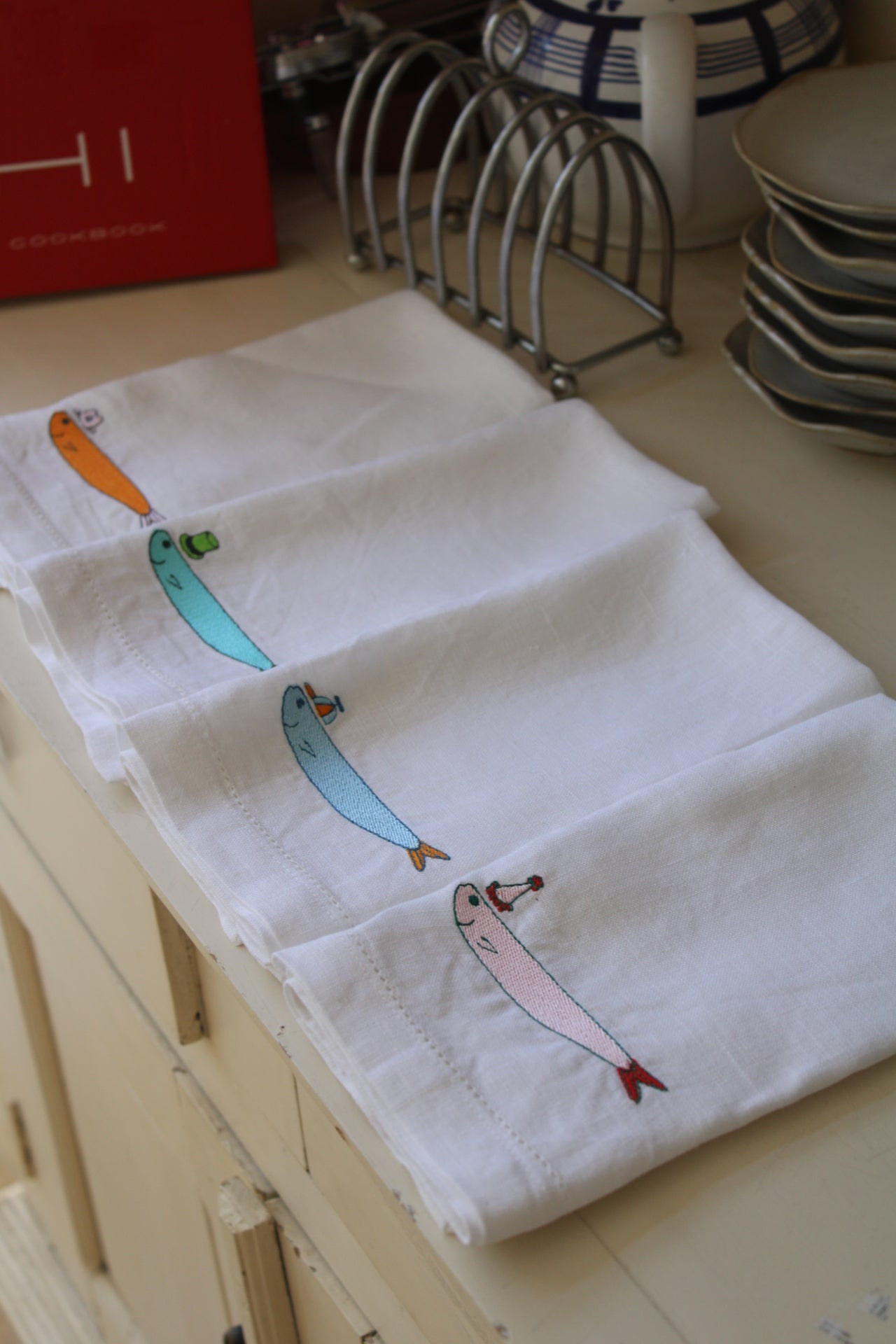 Sardines with Hats - Embroidered 100% Linen Hemstitch Napkins (Set of 4)