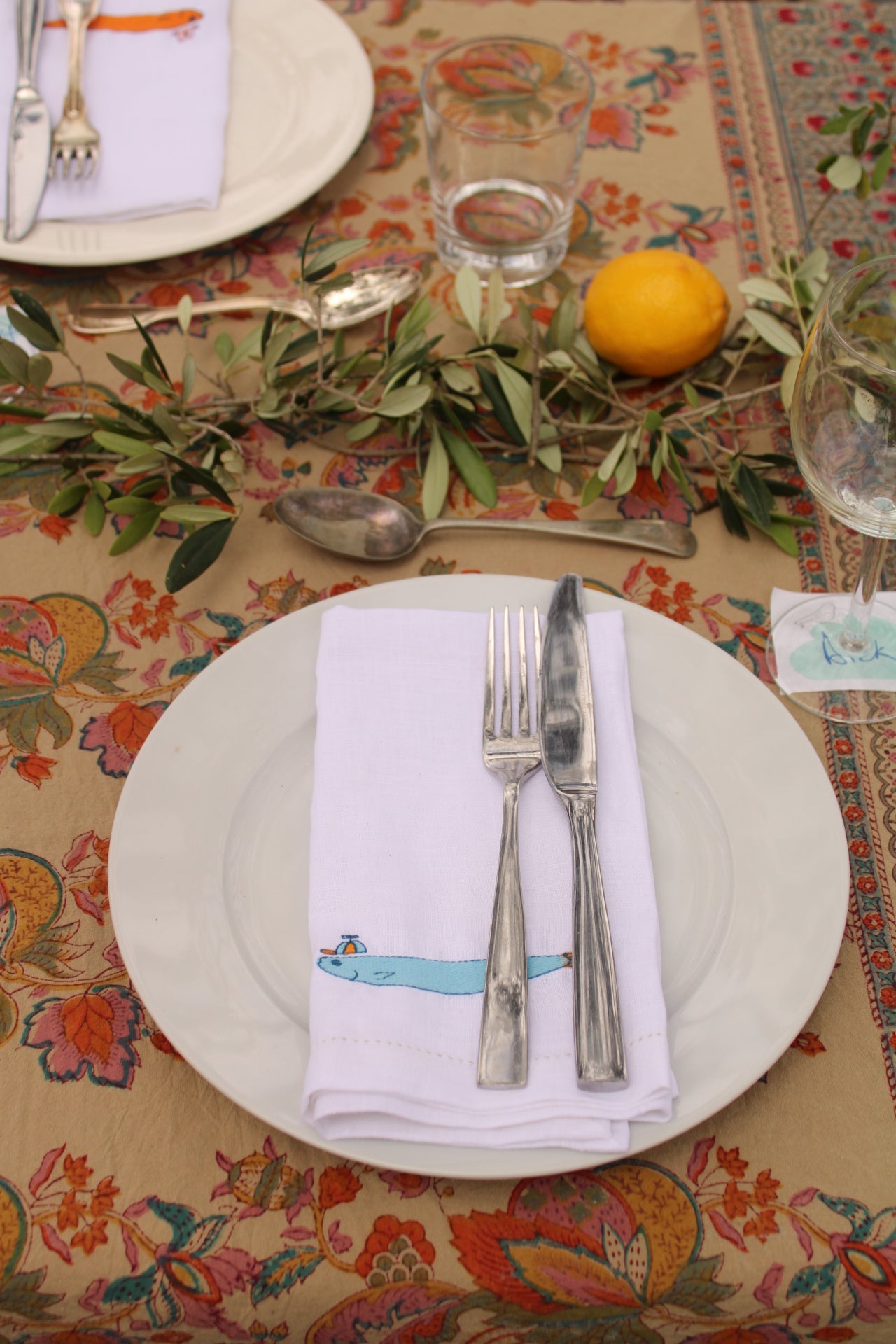 Sardines with Hats - Embroidered 100% Linen Hemstitch Napkins (Set of 4)