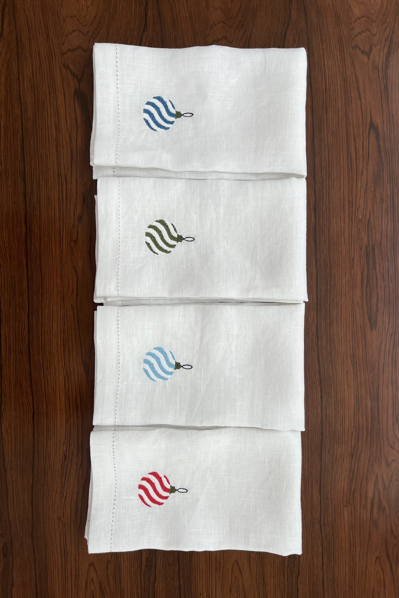 Christmas Baubles - Embroidered 100% Linen Hemstitched Napkins (Set of 4)