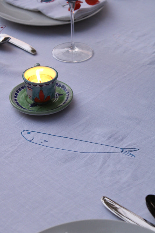 Embroidered 100% Linen Tablecloth - Sardines Without Hats