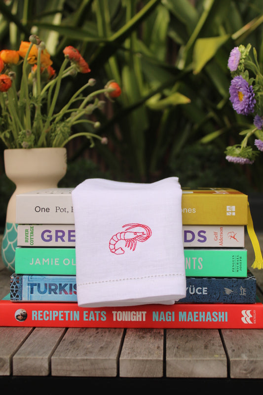 Prawn and Pals - Embroidered 100% Linen Hemstitch Napkins (Set of 4)