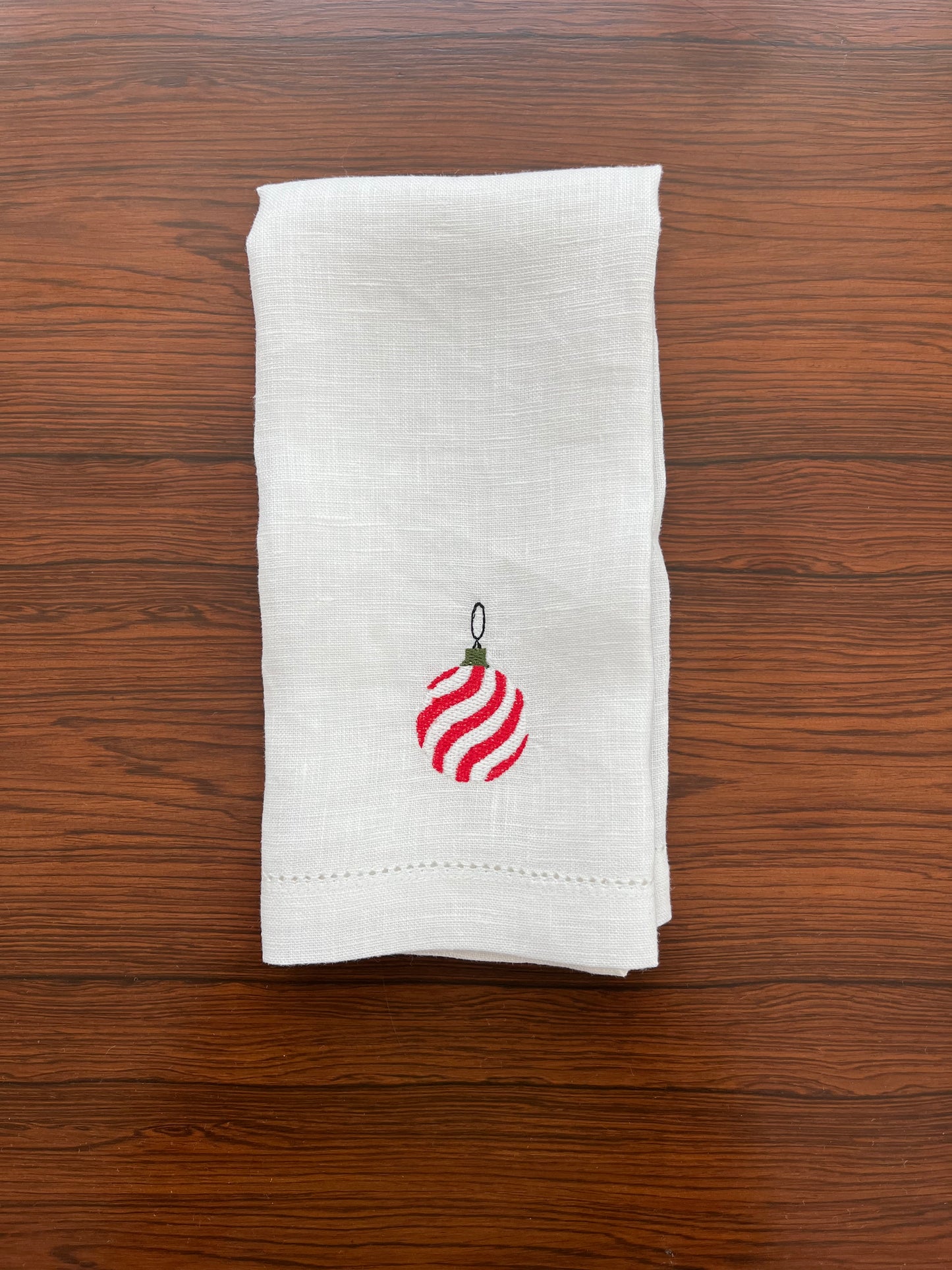 Christmas Baubles - Embroidered 100% Linen Hemstitched Napkins (Set of 4)