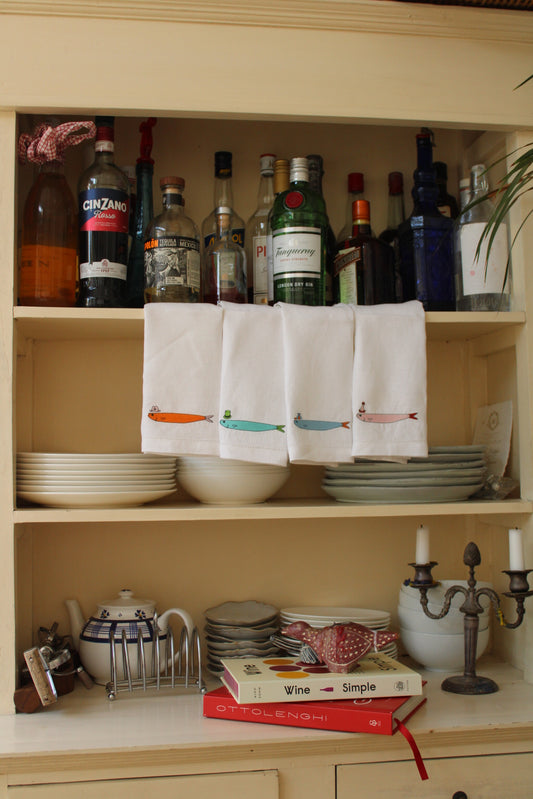 Sardines with Hats - Embroidered 100% Linen Hemstitch Napkins (Set of 4)