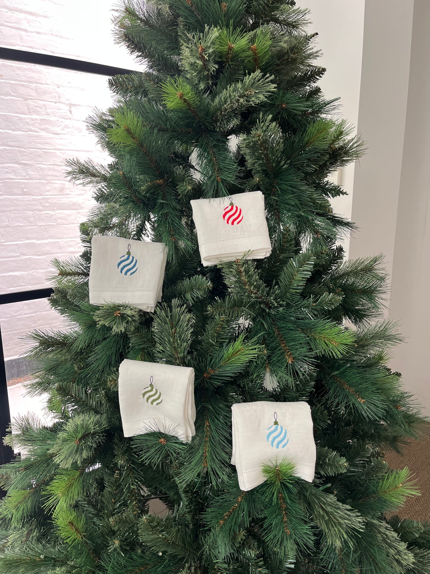 Christmas Baubles - Embroidered 100% Linen Hemstitched Napkins (Set of 4)