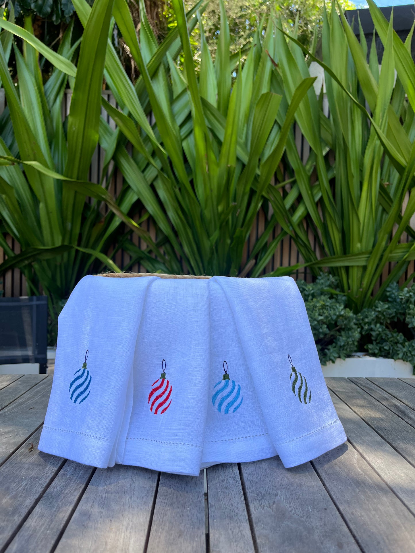 Christmas Baubles - Embroidered 100% Linen Hemstitched Napkins (Set of 4)